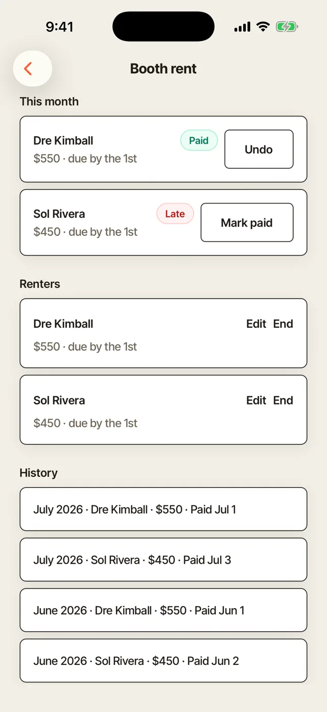Booth rent on a phone: this month's renters, who has paid and who is late.