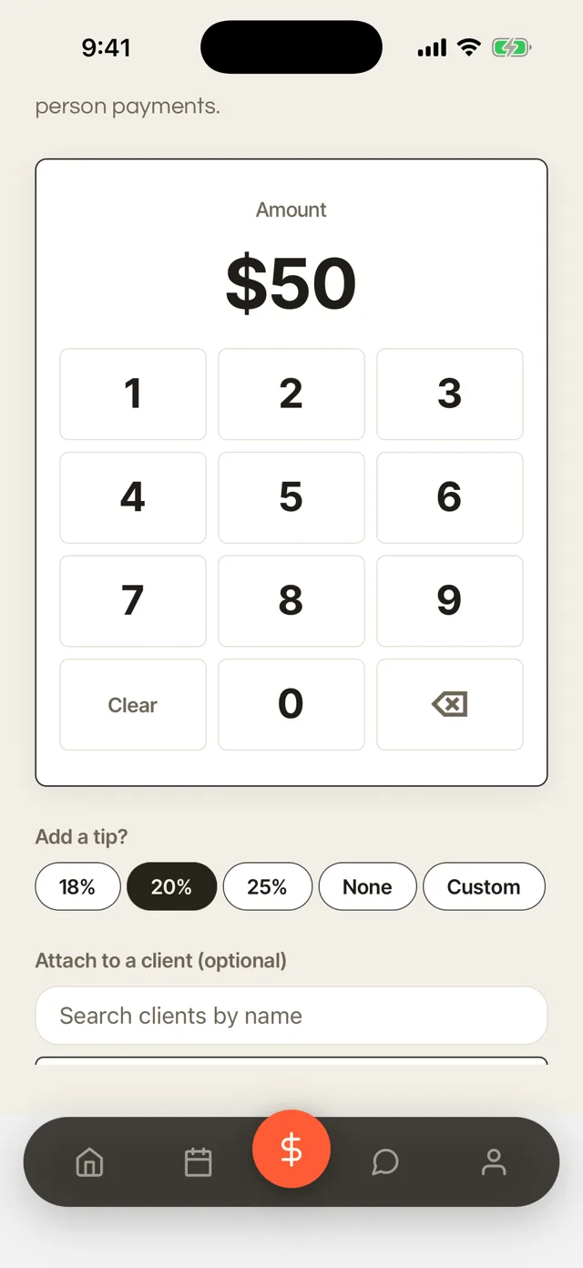 Collecting payment on a phone: the amount keypad staged at fifty dollars, with a tip on the same ticket.