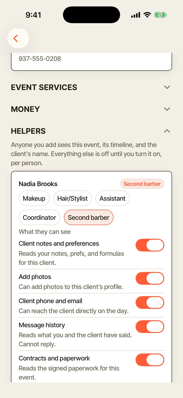 A second barber's access on one job: client notes, photos, contact and message history all on, set for that job only.