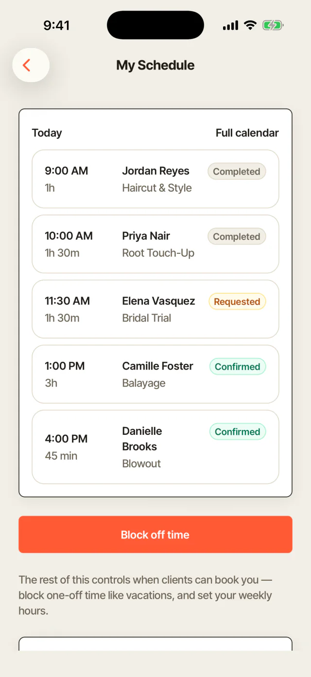 The salon book on a phone: the day laid out chair by chair.