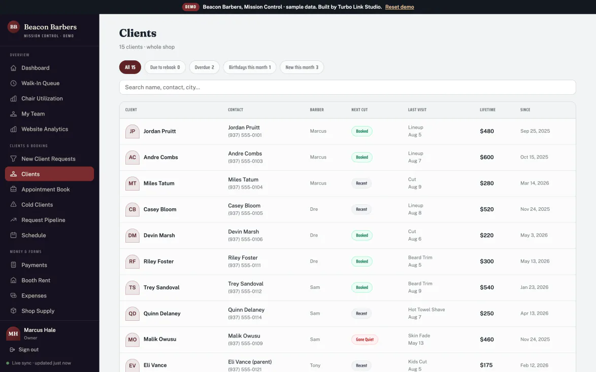The client book: cut notes, rebook and gone-quiet filters, and win-backs.