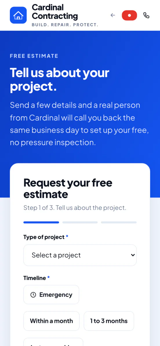 The estimate request form on a phone.