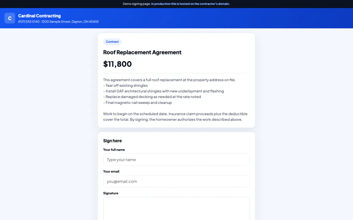 A contract open for signature on the Cardinal Contracting demo, with the signer's name and audit detail.