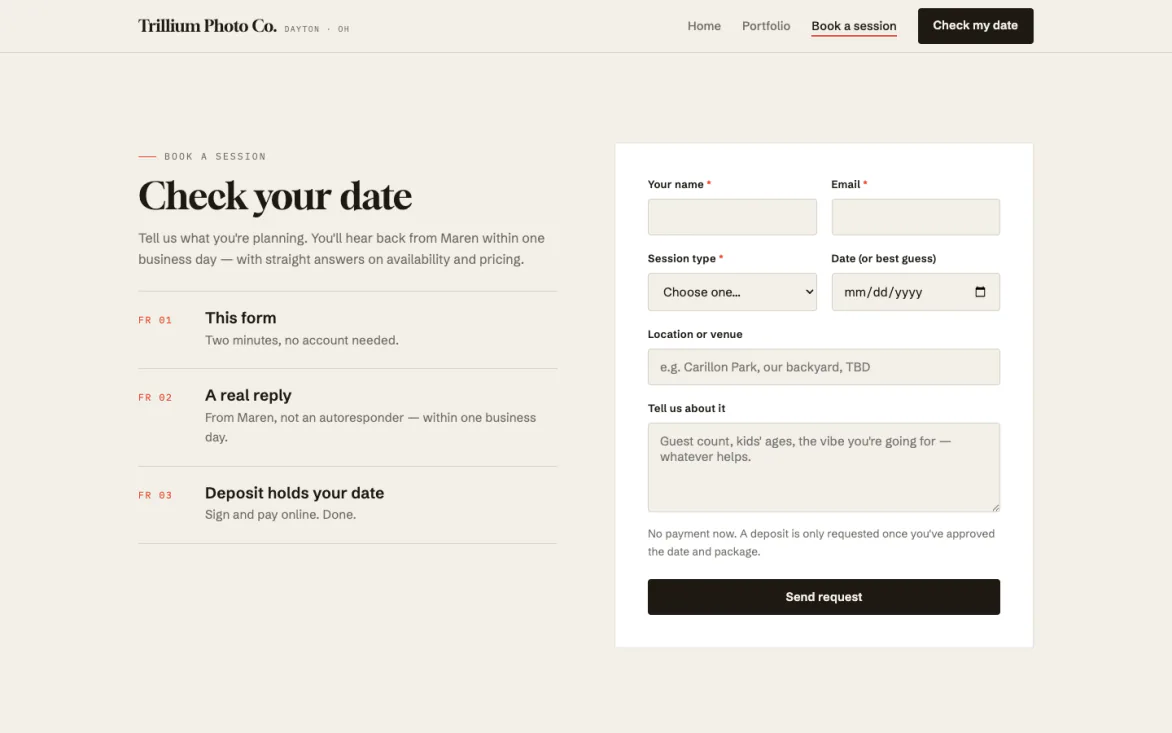 The client side of booking: check your date and pay the deposit online.