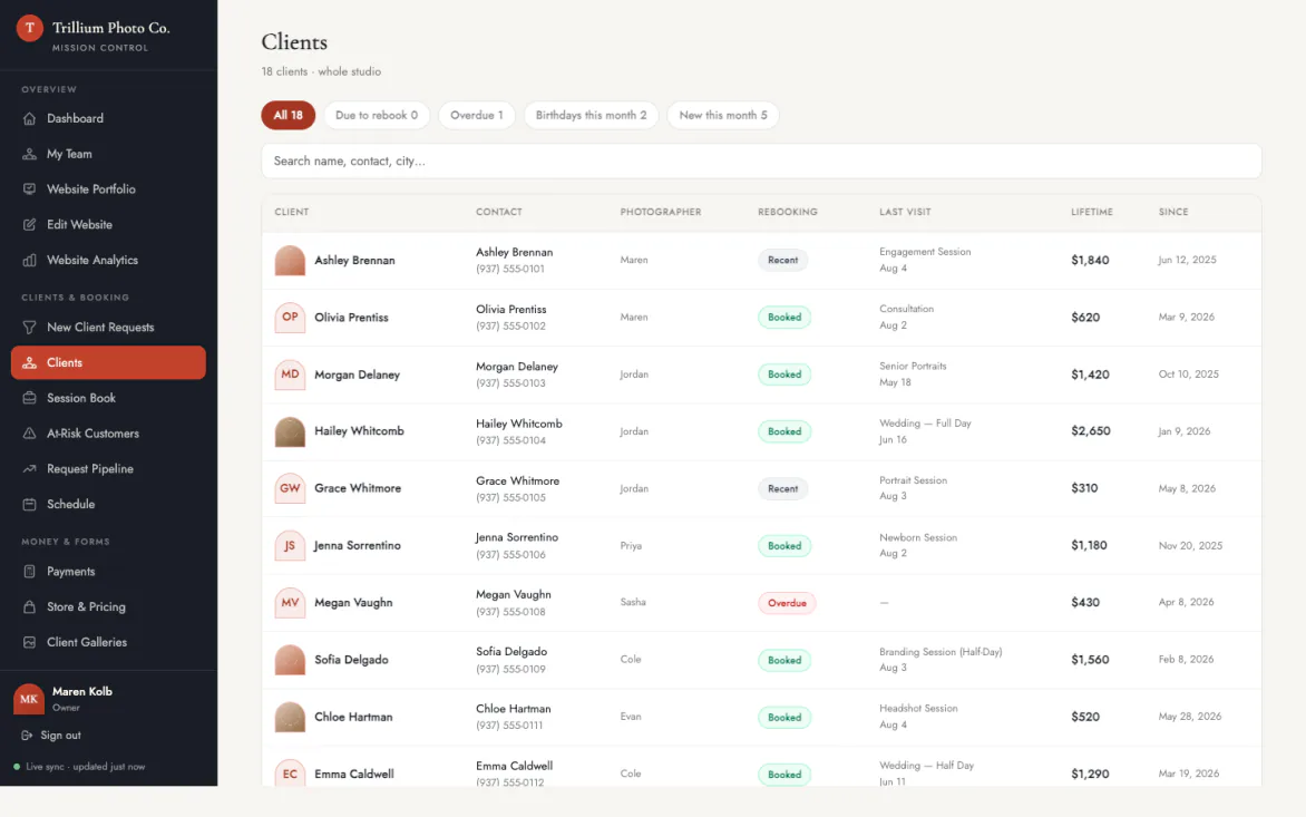 The Clients screen: every client with rebook and follow-up filters one tap away.