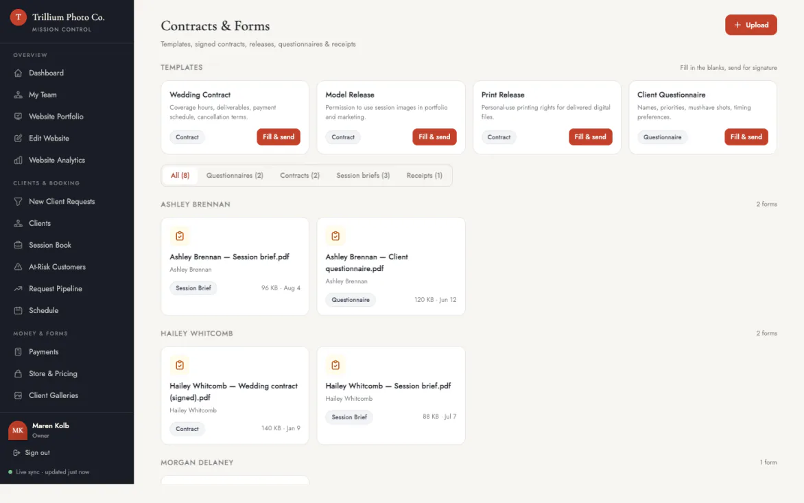 Contracts and forms: fill-in-the-blank templates with signed copies on the client record.