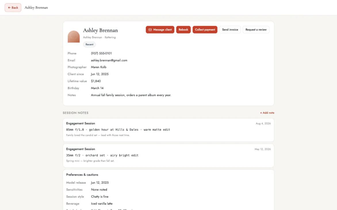 A client profile in the CRM: lifetime value, session notes, contracts, and one-tap actions like rebook and collect payment.
