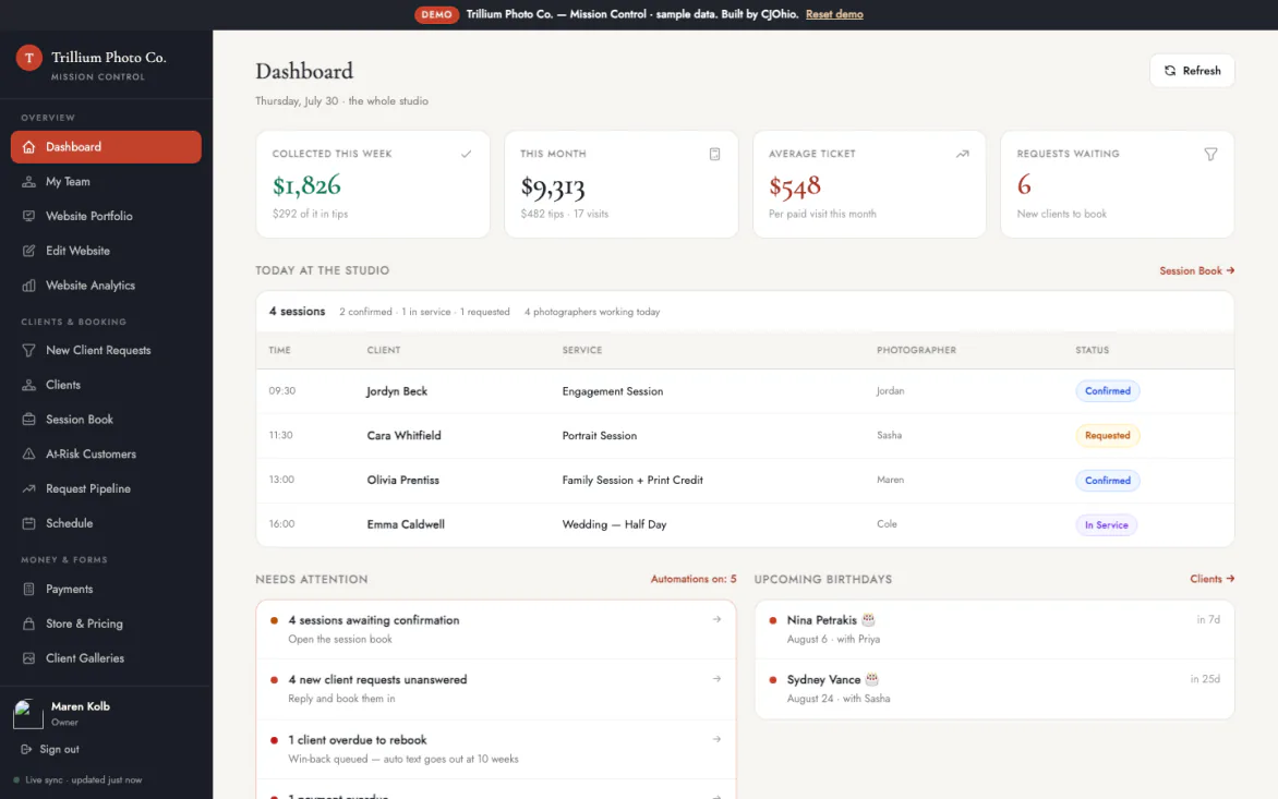 Trillium Photo Co. studio dashboard: today's sessions, revenue for the week, and what needs attention.