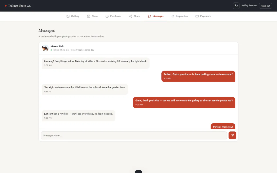 A real message thread between client and photographer inside the portal.