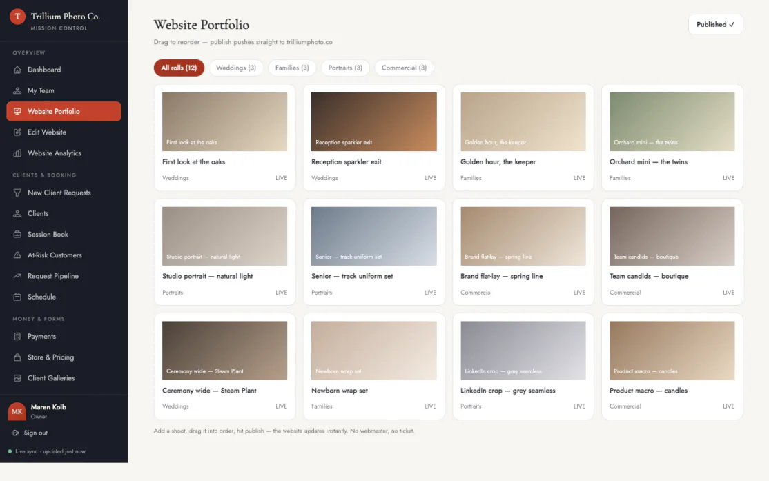 The Website Portfolio screen: drag shoots into order and publish.