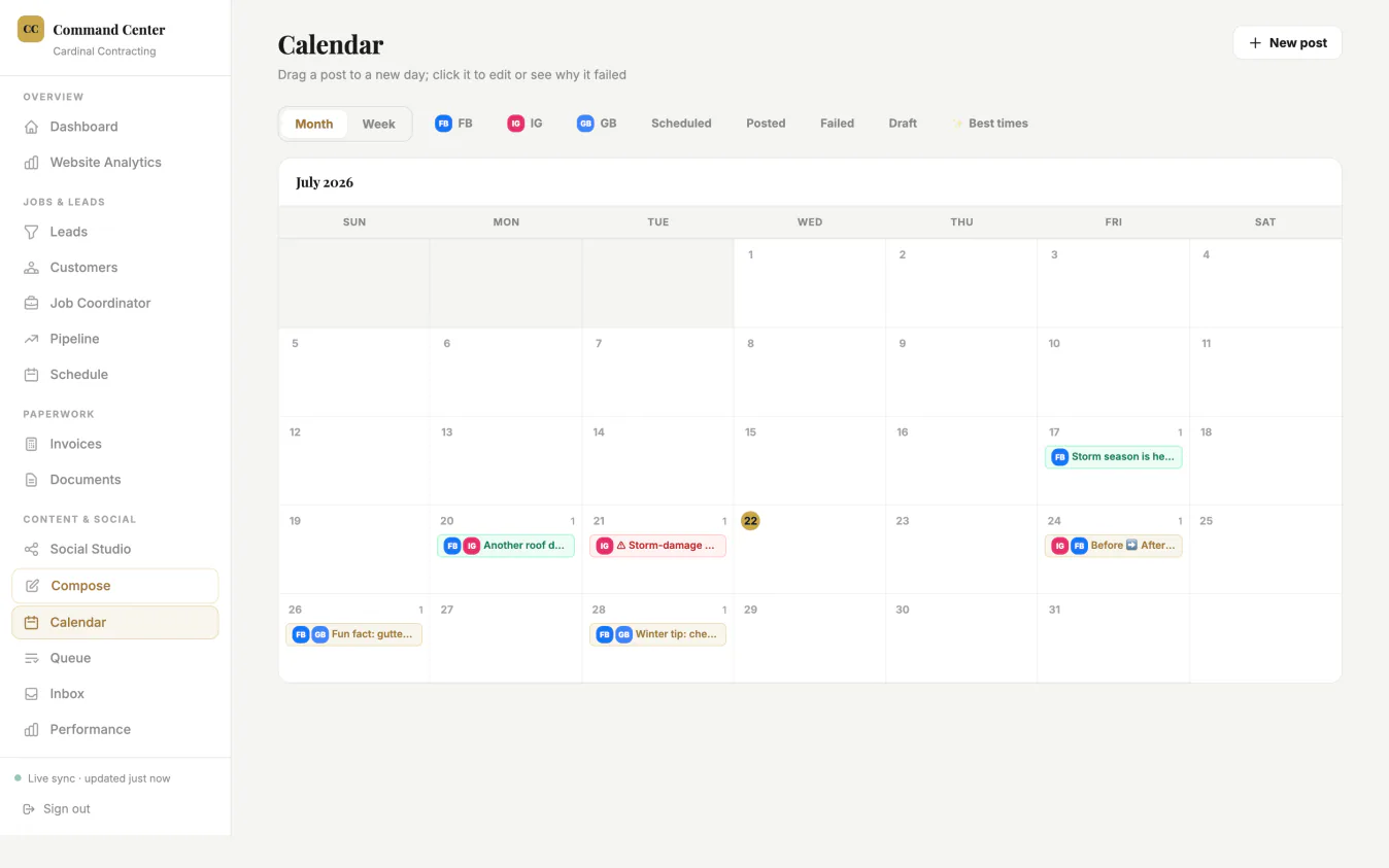 Social Studio content calendar with posts scheduled across networks for the week