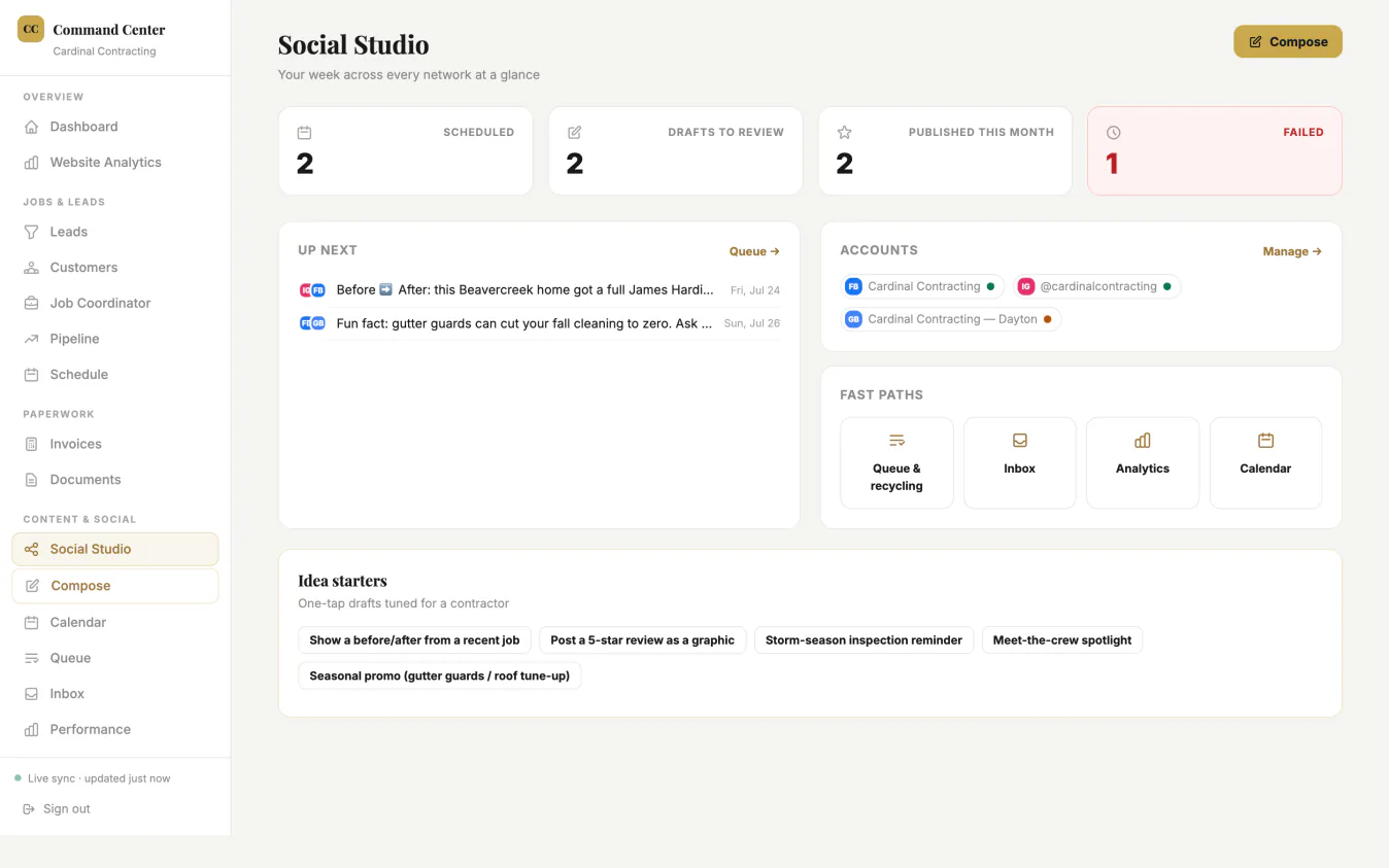 Social Studio dashboard showing the calendar, inbox, and drafts for one account
