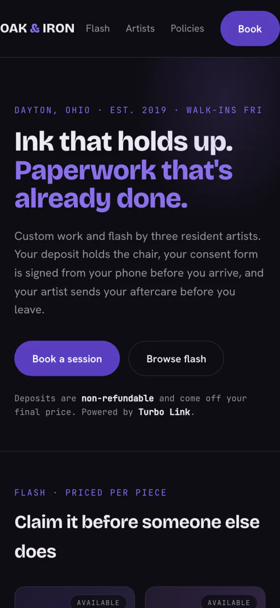 The shop site on a phone, booking and flash both in the browser.